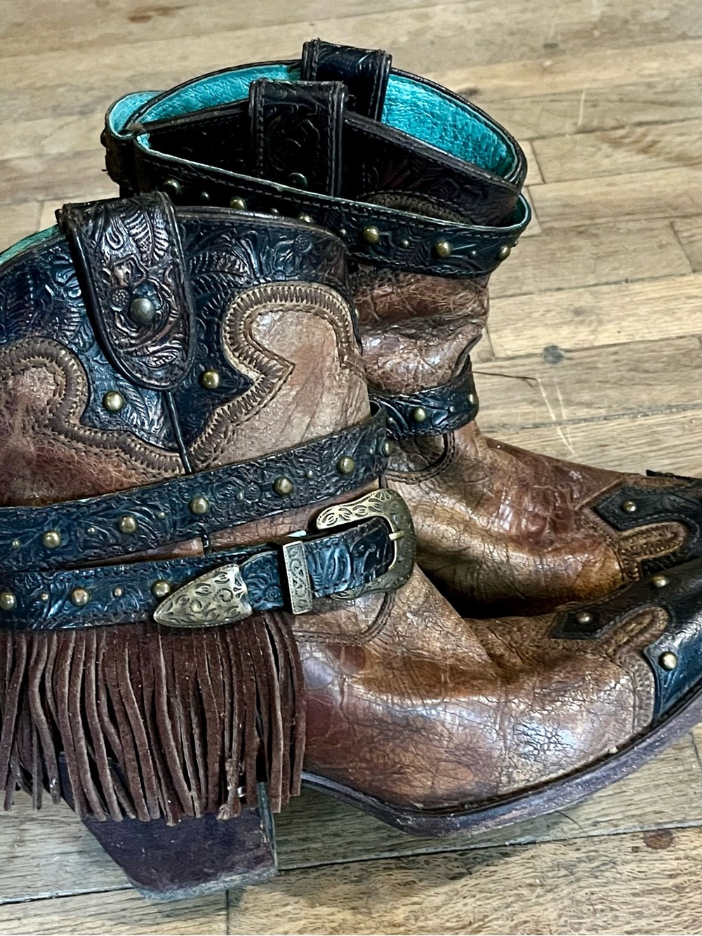 Corral Brown and Black Leather Ankle Boots with Fringe and Studs